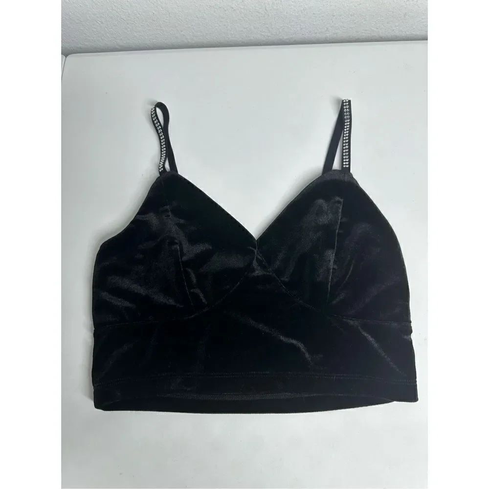 No Comment Velvet Bra Top Rhinestones Straps Black Size S